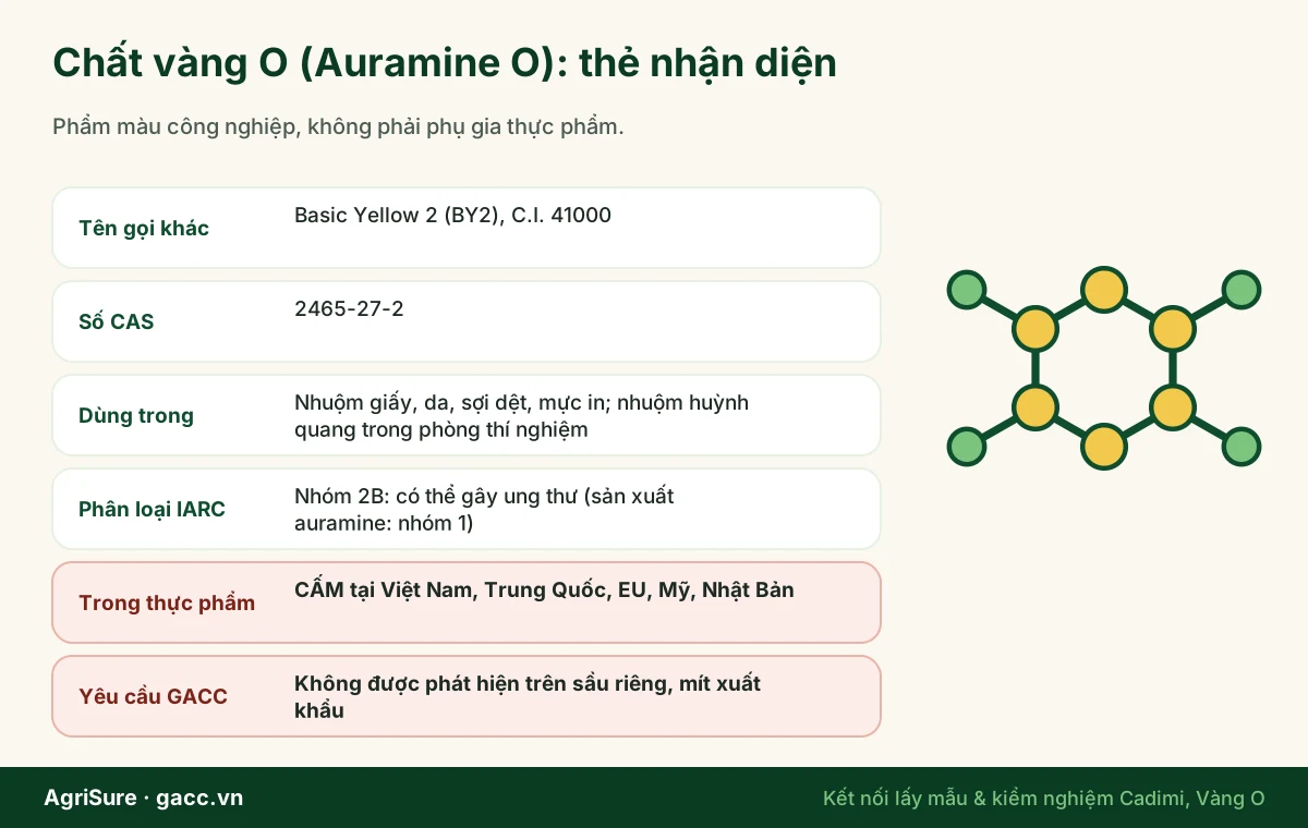 Chất vàng O Auramine O: tên gọi, công dụng công nghiệp, phân loại IARC và lý do bị cấm trong thực phẩm